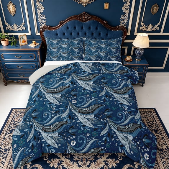 Erosebridal Blue Paisley Full Size Comforter Sets,Nature Art Bedding Comforter Set,3-Piece,1 Comforter and 2 Pillowcases,Light Gray Reversible