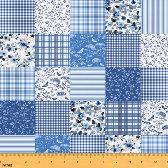 Erosebridal Blue Patchwork Fabric by the Yard 1 Yard, Plaid Floral Butterfly Home Decor Fabric by the Yard
