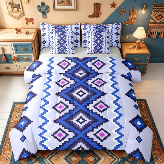Erosebridal Blue Pixel Diamond 7-Piece King Bedding,White Cross Motif ...