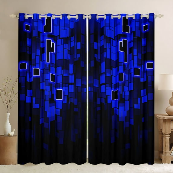 Erosebridal Blue Plaid Curtains and Drapes (38Wx54L),Geometric Buffalo 30%-50% Blackout Curtains for Bedroom,Futuristic Cubes Curtains Pack of 2 (38Wx54L),Male Room Decor