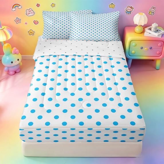 Erosebridal Blue Polka Dot Zipper Twin Comforter Sets with Fitted Sheet and 2 Pillowcases,Cream Circle Light Fresh Minimalist Print Zipper Bedding Set For Girls,Reversible,4pcs