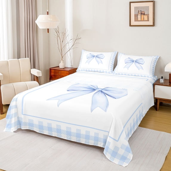 Erosebridal Blue Princess Bow Bed Sheets, Cartoon Buffalo King Sheets for Kids Teens Girls, 4pcs