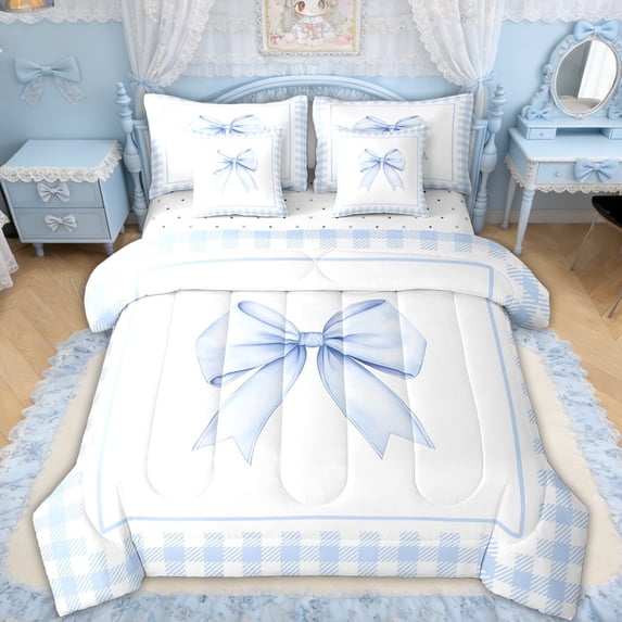 Erosebridal Blue Princess Bow Bedding Comforter Set, Cartoon Buffalo Queen Bedding Sets for Kids Teens Girls, Reversible, 7pcs