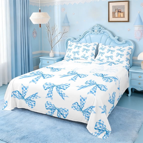 Erosebridal Blue Princess Bow Queen Sheet Sets For Girls,Cartoon Dreamy Bowknot Kids Bed Set 4pcs