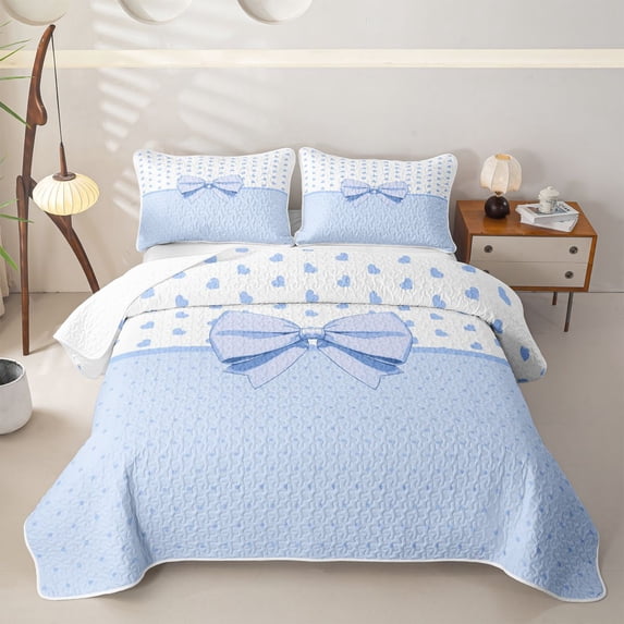 Erosebridal Blue Princess Bow Quilt King, Cute Cartoon Polkadots King Coverlet Set for Boys Girls Teens, 3 Pieces