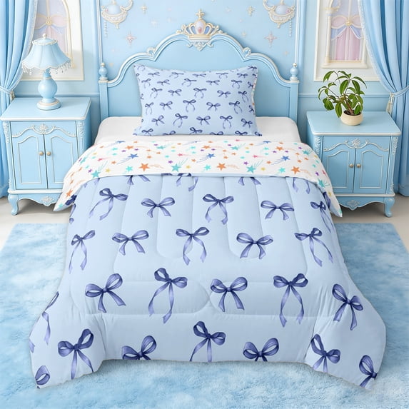 Erosebridal Blue Princess Bow Twin Comforter Sets For Girls,Dreamy Bowknot Kids Bedding Set,Colorful Stars Reversible,2 Pieces