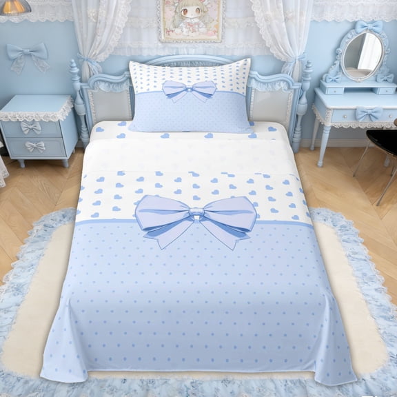 Erosebridal Blue Princess Bow Twin Sheet Sets, Cute Cartoon Polkadots Bedding for Boys Girls Kids Teens, 3 Pieces