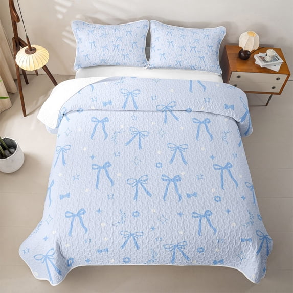 Erosebridal Blue Princess Bowknot Bed Spread Queen,Girls Cute Coquette Bowtie Theme Queen Coverlet Set For Kids,3-Piece