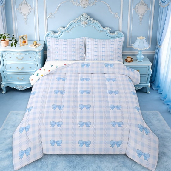 Erosebridal Blue Princess Bowknot Full Size Comforter Sets,Modern Classic Checkered Bedding Sets For Kids,Reversible,3-Piece