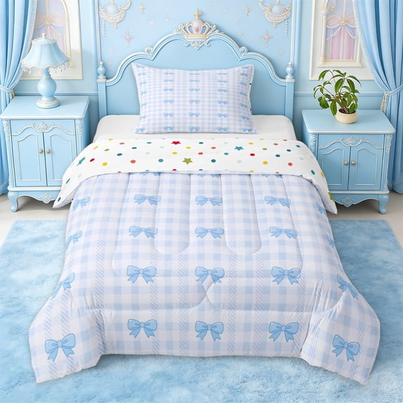 Erosebridal Blue Princess Bowknot Twin Comforter Sets,Modern Classic Checkered Bedding Set For Kids,Reversible,2pcs