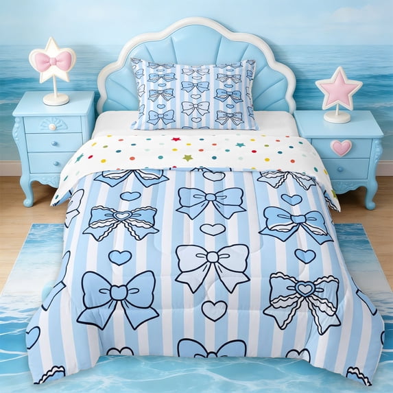 Erosebridal Blue Princess Bowtie Twin Comforter Sets For Kids Girls,Modern Geometric Stripes Lines Bedding Set,Reversible,2 Pieces