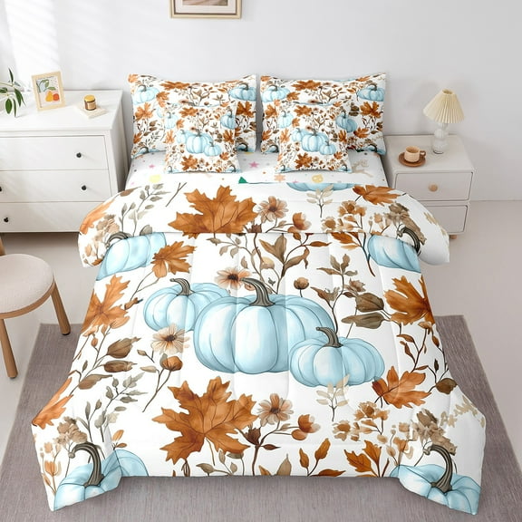 Erosebridal Blue Pumpkin Bed in a Bag Twin size, Fall Maple Leaf Bed Set, Harvest Reversible Bedding Twin Size, Super Cozy Room Decorative, 7-Piece