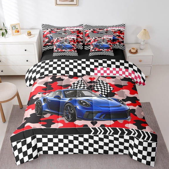 Erosebridal Blue Race Car Bed in a Bag Full size,Extreme Sports Bed Set,Buffalo Decoration,Reversible,Breathable,7 Pieces