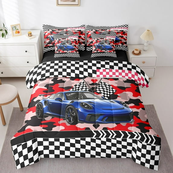 Erosebridal Blue Race Car Bedding Sets Twin Size,Extreme Sports Comforter Sets with Sheets,Buffalo Decoration,Reversible,Lightweight,7-Piece