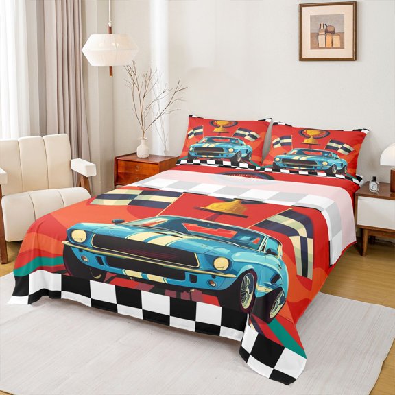 Erosebridal Blue Racing Car Bed Sheets 4pcs For Boys,Extreme Sport Checkered Flag King Sheets For Kids Teens,Ultra Soft Home Decor