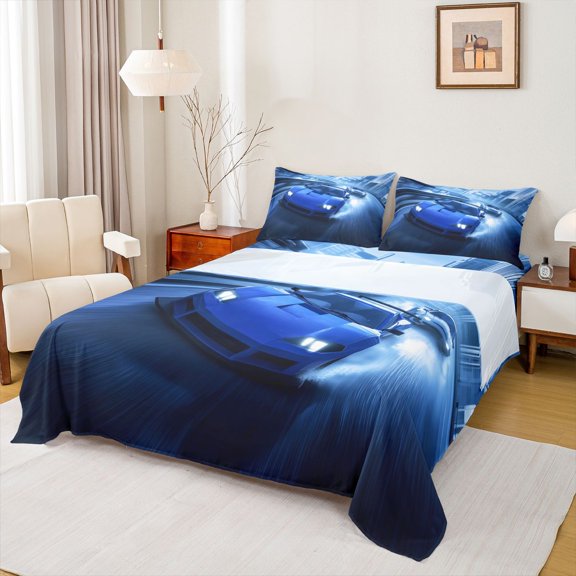 Erosebridal Blue Racing Car Full Size Sheets 4-Piece For Boys,Extreme Sport Bed Sheets For Kids Teens,Breathable Home Decor