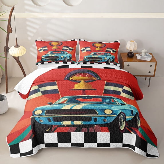 Erosebridal Blue Racing Car Quilt King for Boys,Extreme Sport Checkered Flag King Coverlet Set Teens