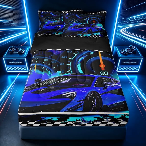 Erosebridal Blue Racing Sports Car Zipper Twin Comforter Sets with Fitted Sheet and 2 Pillowcases for Boys Men, Speedometer Lightning Zipper Bedding Set, Black Reversible, 4-Piece