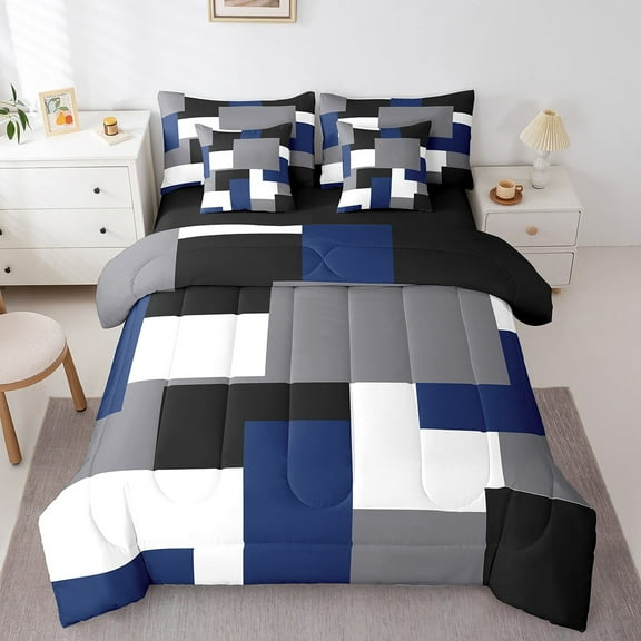 Erosebridal Blue Rectangle Bedding Sets Twin Size,Geometric Sqare Comforter Sets with Sheets,Abstract Artwork Bed in a Bag Twin size,Super Cozy Plaid Bedroom Decorative,Reversible,7pcs