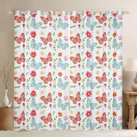 Erosebridal Blue Red Butterflies Curtains Pack of 2 (42x84 Each) For Teens,Kawaii Pink Flowers Curtains Blackout For Girls
