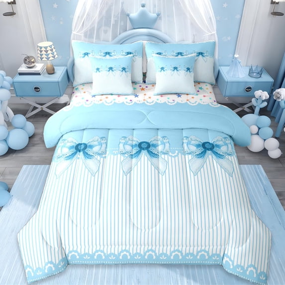 Erosebridal Blue Ribbon Bow 7pcs Bedding Comforter Set For Girls Teens,Cartoon Girly Bowknot Queen Bedding Sets,Reversible