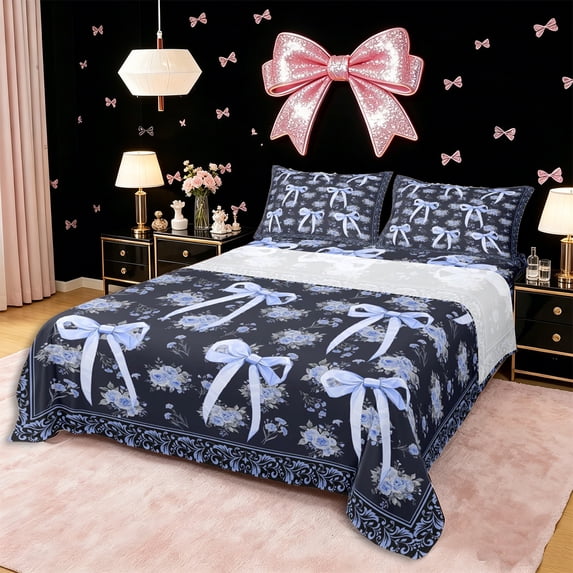 Erosebridal Blue Ribbon Bow Queen Sheet Sets 4 Pieces for Girls Women,Romantic Floral Roses Bed Set for Teens Adults,Ultra Soft Home Decor