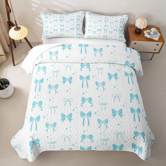 Erosebridal Blue Ribbon Bow Twin Quilt Set,Kawaii Stars Print Twin Coverlet Set For Girls,2-Piece