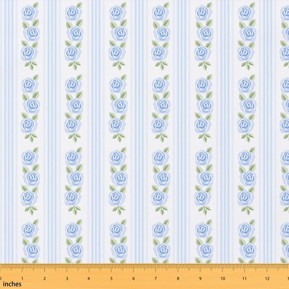 Erosebridal Blue Rose Fabric by the Yard 1 Yard, Floral Vertical Stripe Home Decor Fabric by the Yard