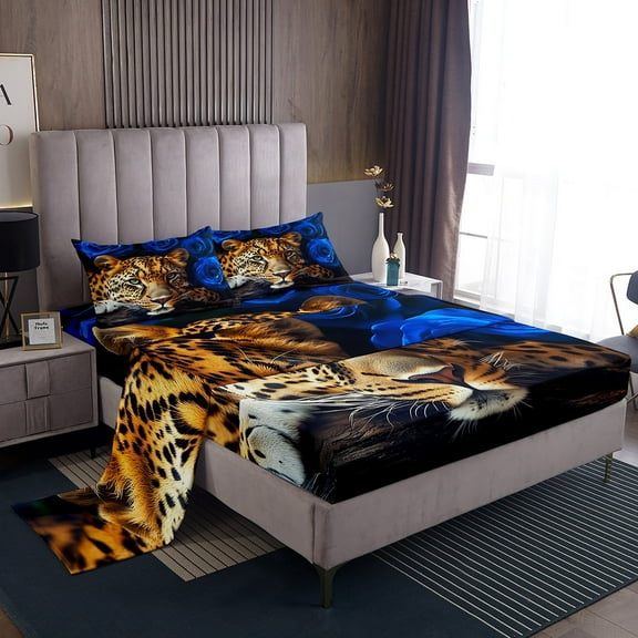 Erosebridal Blue Rose Leopard King Sheet Sets, Jungle Animal Bedding King Size, Wild Cheetah Bedroom Decor, Black Brown 4pcs
