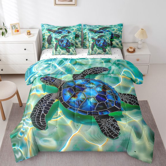 Erosebridal Blue Sea Turtle Bedding Sets Full Size, Cartoon Animal Comforter Sets with Sheets,, Reversible 7 Pieces