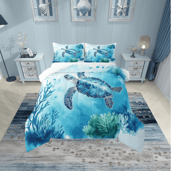 Erosebridal Blue Sea Turtle Bedding Twin Comforter Set,Marine Animal Down Comforter,Breathable Bedding Sets Twin with Comforter,Ocean Theme Decoration