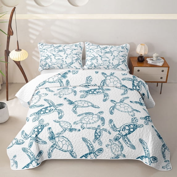 Erosebridal Blue Sea Turtle Quilt King for Boys Men, Cartoon Marine Animal King Coverlet Set, 3pcs