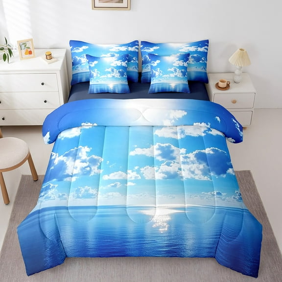 Erosebridal Blue Sky Bedding Sets Twin Size,Ocean Sea Comforter Sets with Sheets,Natural Scenery Bed in a Bag Twin size,Super Cozy Cloud Room Decoration,Reversible,7-Piece