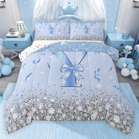 Erosebridal Blue Sparkle Sequins Print Queen Comforter Set for Girls, Monogrammed Y Bedding Comforter Set, Colorful Stars Reversible 3 Pieces, 1 Comforter and 2 Pillowcases