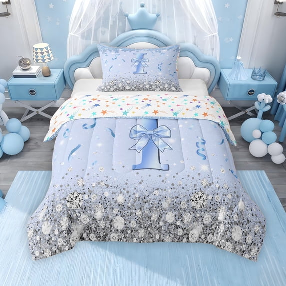 Erosebridal Blue Sparkle Sequins Print Twin Comforter Sets for Girls, Monogrammed I Bedding Set, Colorful Stars Reversible 2-Piece, 1 Comforter and 1 Pillowcase