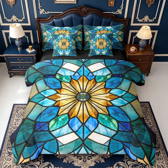 Erosebridal Blue Stained Glass 7pcs Queen Bedding,Nature Art Bedding Comforter Set Queen,Black Reversible