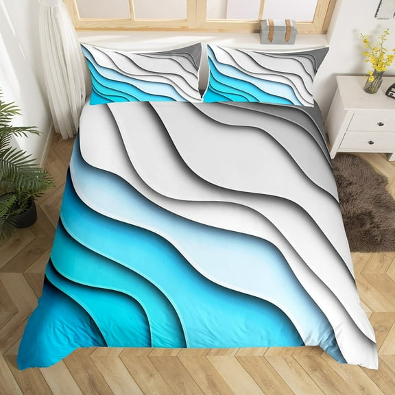 Erosebridal Blue Stripe Comforter Cover Gradient Grey Bed Set, Minimalism Modern Duvet Cover King Size Sea Ocean Theme Bedding Set, Tropical Beach Bedspread Cover Coastal Farmhouse Decor 3pcs