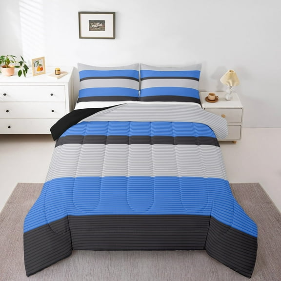 Erosebridal Blue Stripes Bedding Twin Comforter Set,Geometric Lines Down Comforter,Geometric Theme Bedding Sets Twin with Comforter,Ultra Soft Abstract Room Decor,Reversible,3pcs