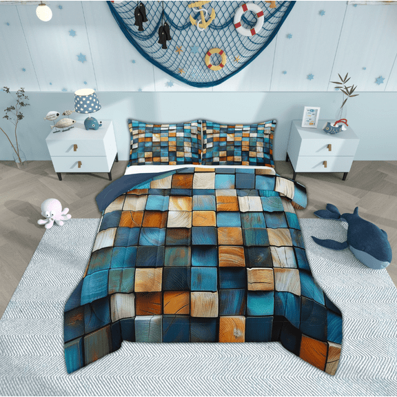 Erosebridal Blue Teal Checkered Plaid Comforter Sets Twin Size, Orange Buffalo Grid Comforters & Duvets, Reversible 2pcs