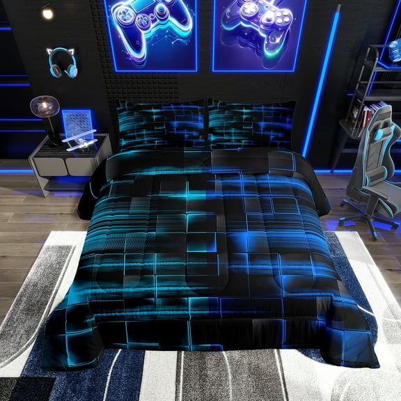 Erosebridal Blue and TealBlue Comforter Set Twin Size Geometric Comforter Geometry Strip Lines Bedding Set Abstract Art Duvet Set Room Decor Quilt Set