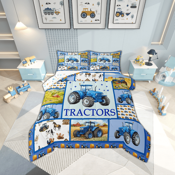 Erosebridal Blue Tractors Bedding Sets Full with Comforter , Construction Vehicles Duvet Insert, Reversible 3pcs, Breathable