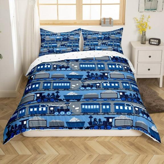 Erosebridal Blue Train Duvet Cover Twin, Steam Engine Bedding Sets Twin Size, Cartoon Vehicle Decor, Reversible 2-Piece（No Comforter）
