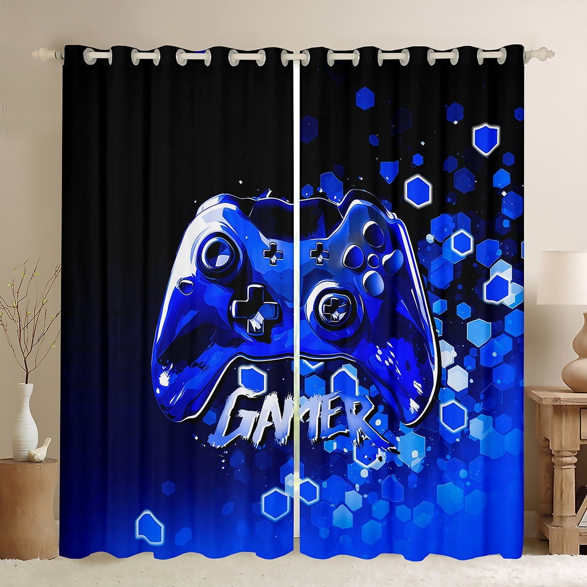 Erosebridal Blue Video Game Curtains and Drapes (38Wx54L),Geometric Honeycomb 30%-50% Blackout Curtains for Bedroom,Gamepad Gamer Curtains Pack of 2 (38Wx54L),Gradient Room Decorative