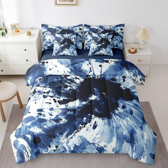 Erosebridal Blue Watercolor Bedding Sets Twin Size, Splatter Spiral Comforter Sets with Sheets, Chic Abstract Reversible Bed Set, Ultra Soft Room Decorative, 7pcs