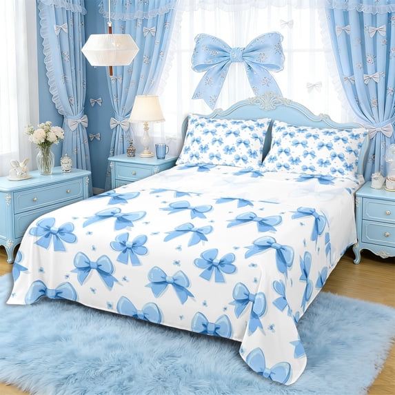 Erosebridal Blue Watercolor Bow Tie Bed Sheets 4pcs for Girls Women,Cartoon Floral Clover King Sheets for Kids Teens,Luxury Bedroom Decor