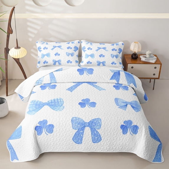 Erosebridal Blue Watercolor Bow Tie Quilt Full for Girls Women,Cartoon Floral Clover Full Bedspread Sets Teens