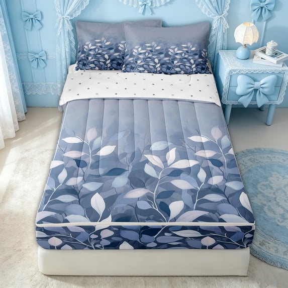 Erosebridal Blue Watercolor Leaf Zipper Full Size Comforter Sets with Fitted Sheet and 2 Pillowcases for Women Girls, Gradient Foliage Print Zipper Bedding Set, Reversible, 4 Pieces