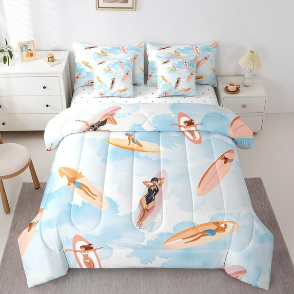 Erosebridal Blue Watercolor Ocean Bedding King Size,Summer Sunbath Bed Set,Surfboard Bedding Sets King Size For Men Women,Breathable Room Decorative Reversible,7pcs