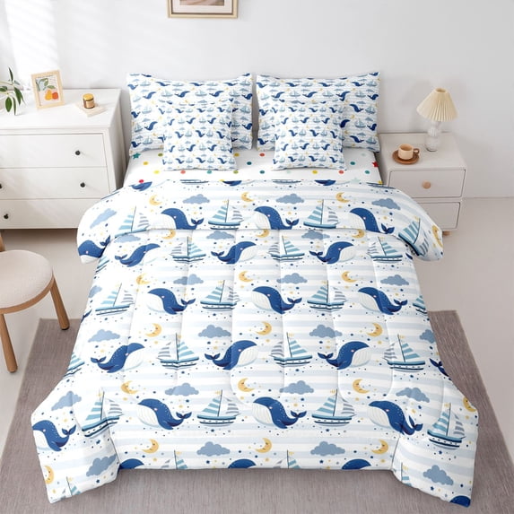 Erosebridal Blue Whale Bedding Comforter Set 7 Pieces For Boys Girls,Teens Ocean Theme Animal Boat Full Bedding Set,Microfiber Bedroom Decor
