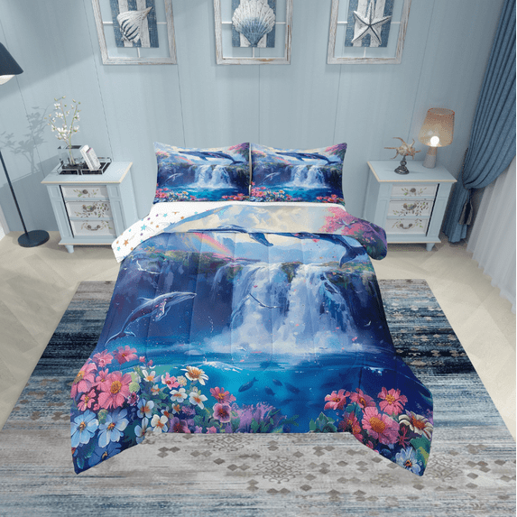 Erosebridal Blue Whale Comforter Sets Twin Size, Lake Waterfall Comforters & Duvets, Daisy Floral Reversible Duvet Insert, Microfiber Room Decoration, 2 Pieces